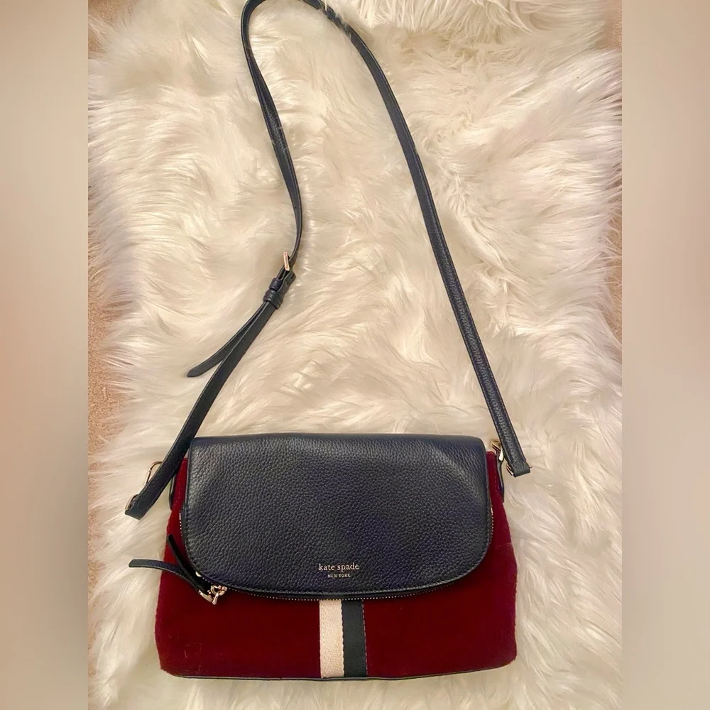 Kate Spade New York Wool & Leather Crossbody Bag Burgundy Navy Stripe Flap Purse